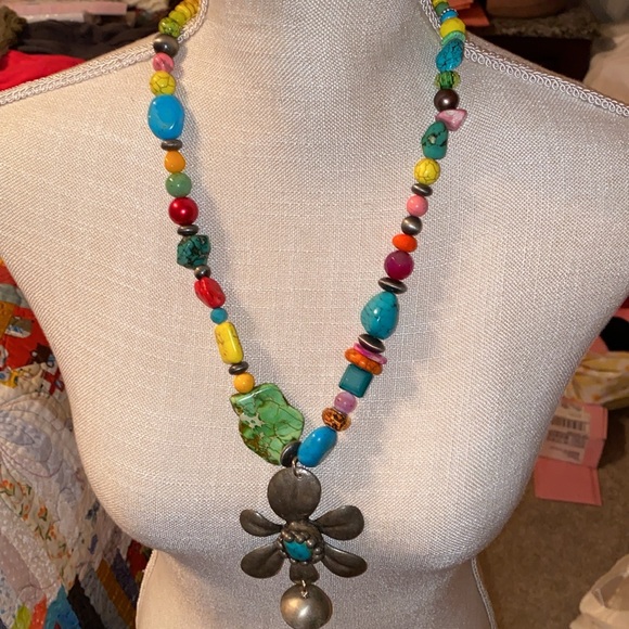 Art by Amy multi colored stone with a bronze flower drop with turquoise. - Picture 3 of 4